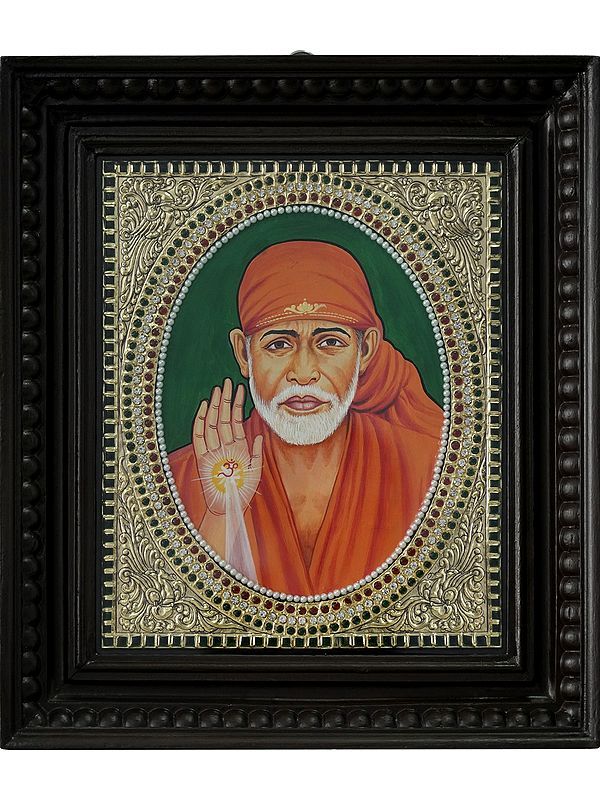 Blessing Sai Baba | Traditional Colors with 24 Karat Gold | With Frame
