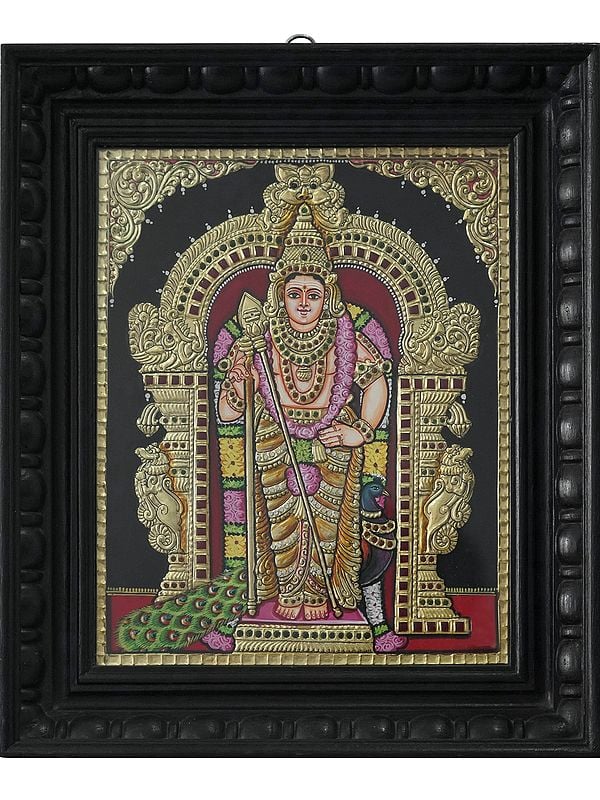 Standing Lord Murugan (Karttikeya) Tanjore Painting | Traditional Colors with 24 Karat Gold | With Frame