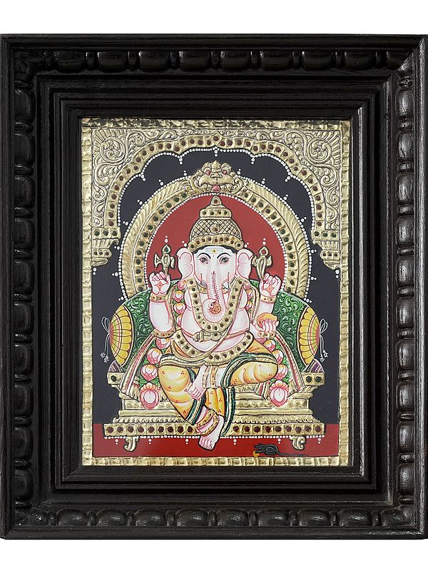 Four Armed Lord Ganesha Seated on Kirtimukha Throne | Tanjore Painting with Frame | Traditional Colors with 24 Karat Gold