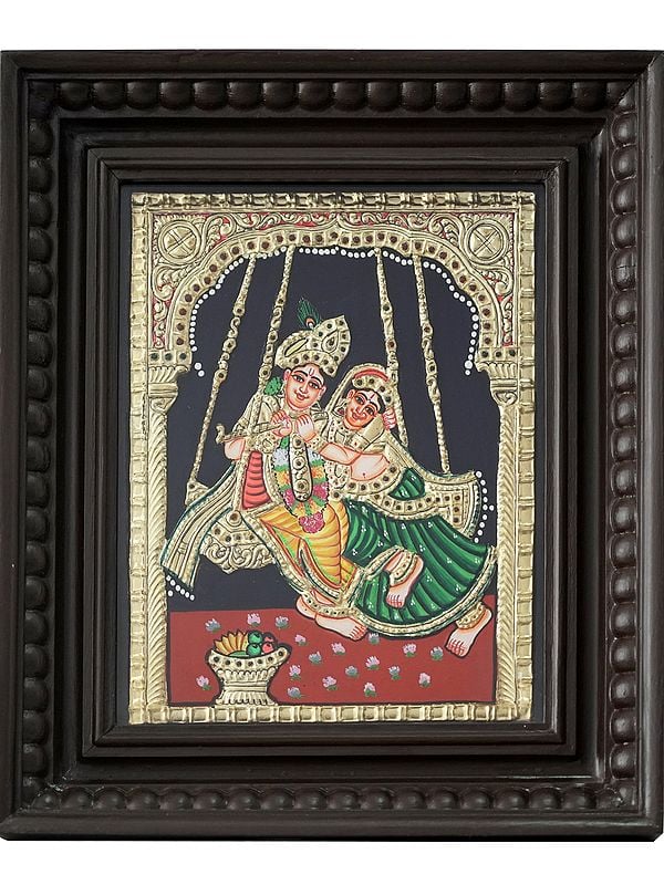 Radha Krishna on Swing | Traditional Colors with 24 Karat Gold | Tanjore Painting with Frame