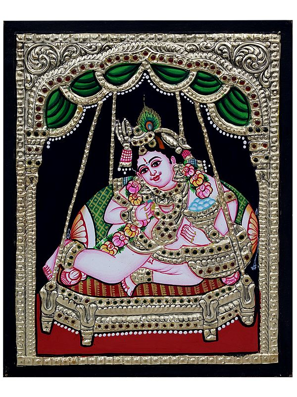Butter Krishna on Swing | Tanjore Painting | Traditional Colors with 24 Karat Gold