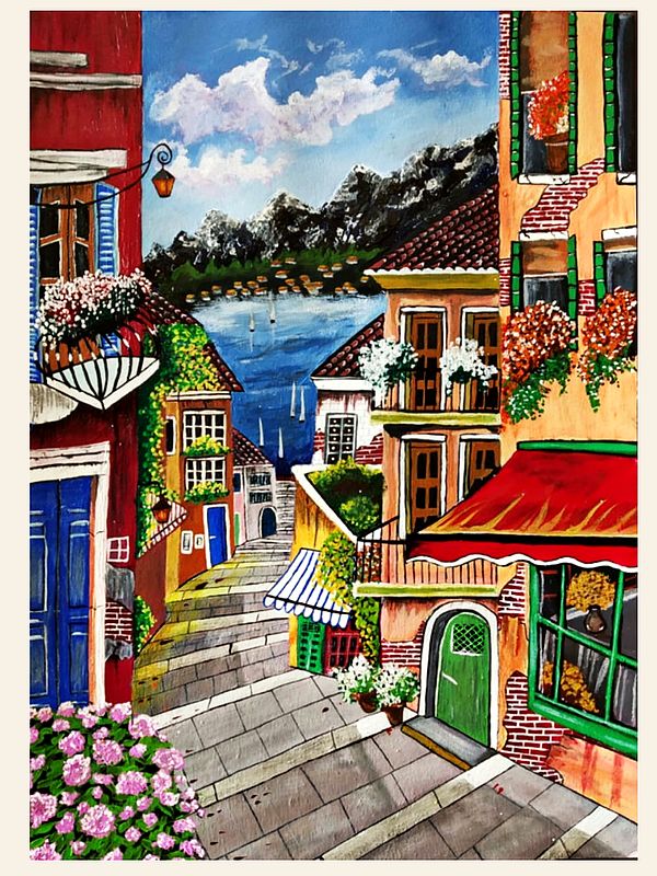 Italian Town Stairs | Canvas Painting