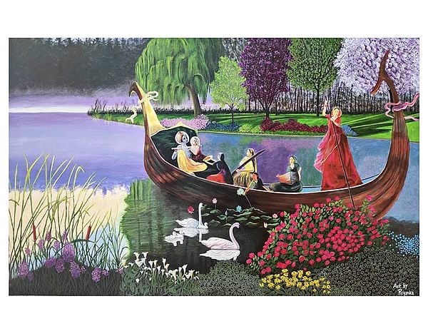 Krishna Gopi On Boat | Canvas Painting