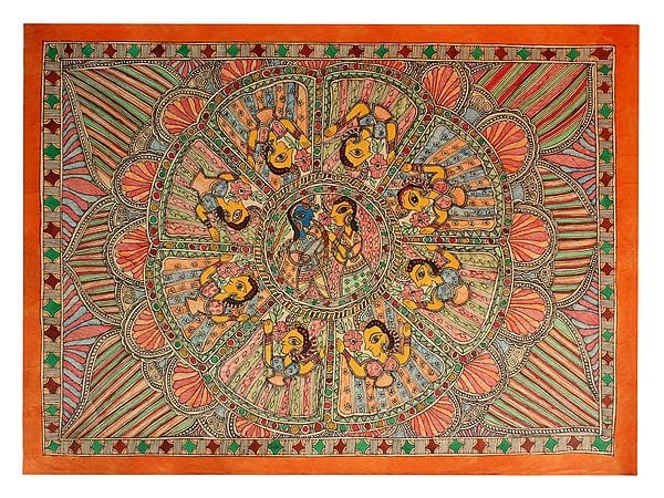 Radha Krishna and Ashtabharya Mandala Art | Madhubani Painting