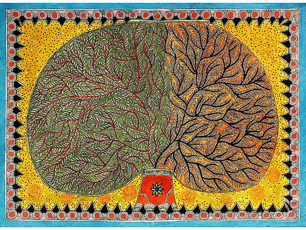 Summer and Autumn Dual Season Tree | Madhubani Painting