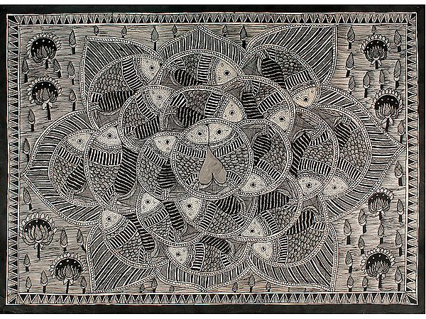 Black and White Fish Mandala Art | Madhubani Painting