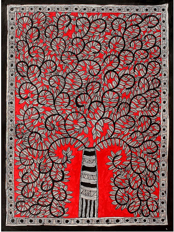 Dense Tree In Red Background | Madhubani Painting