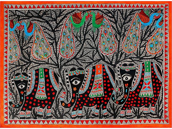 Elephants and Peacocks In Forrest | Madhubani Painting