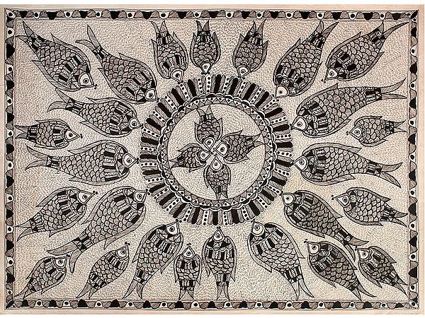 Multiple Fishes In Pattern | Madhubani Painting