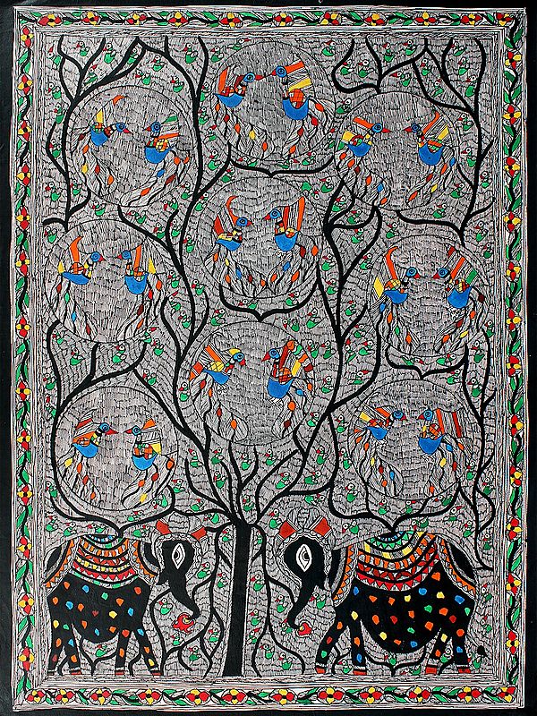 Elephants Around Tree Of Life | Madhubani Painting