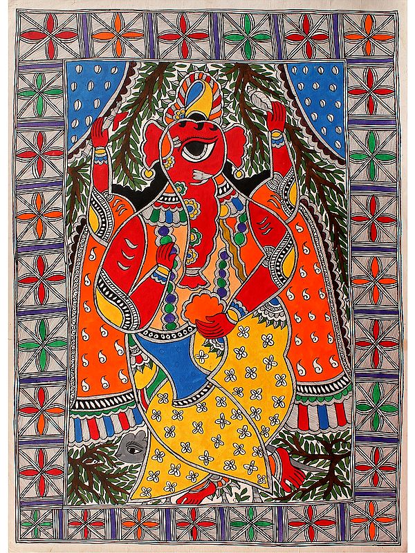 Red Ganesha Standing | Madhubani Painting