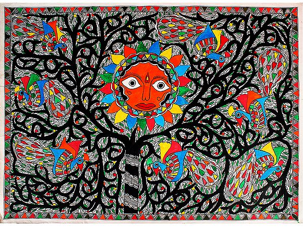 Tree Of Life Around Sun | Madhubani Painting