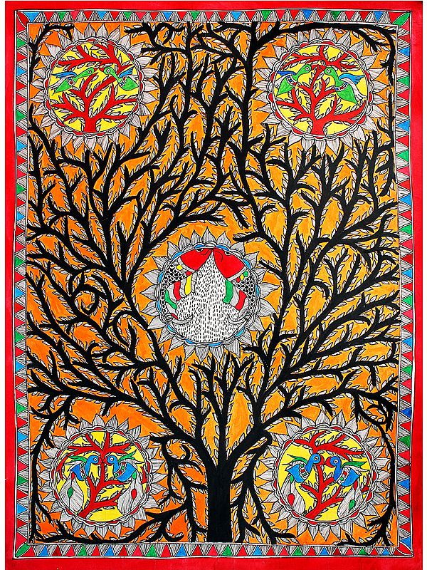 Tree Filled With Fish and Birds | Madhubani Painting