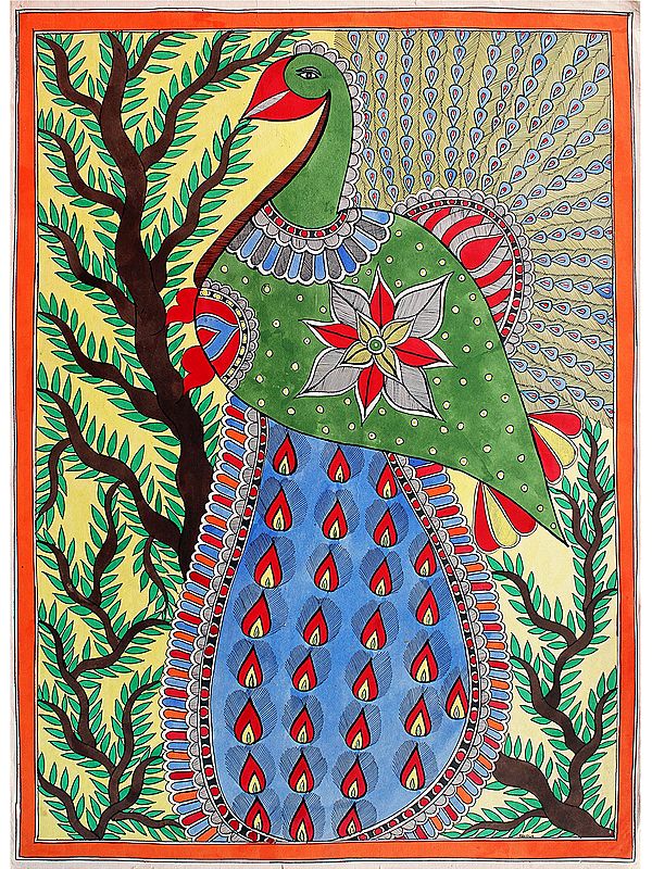Exquisite Green Peacock | Madhubani Painting