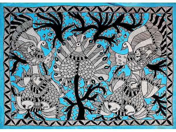 Traditional Design Peacock In Blue Background | Madhubani Painting