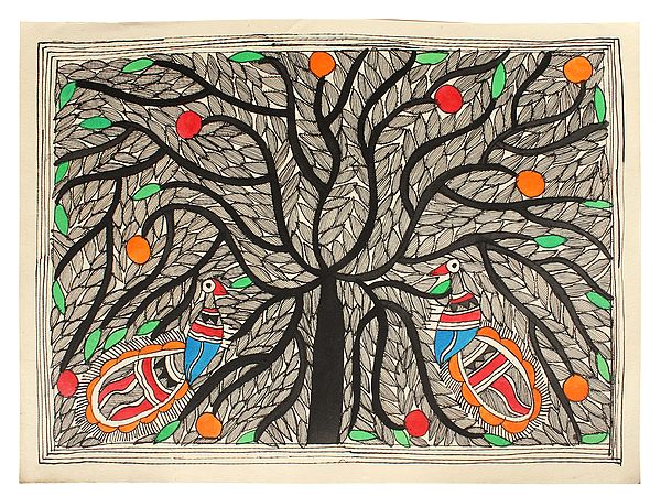 Pair of Peacock on Tree | Madhubani Painting