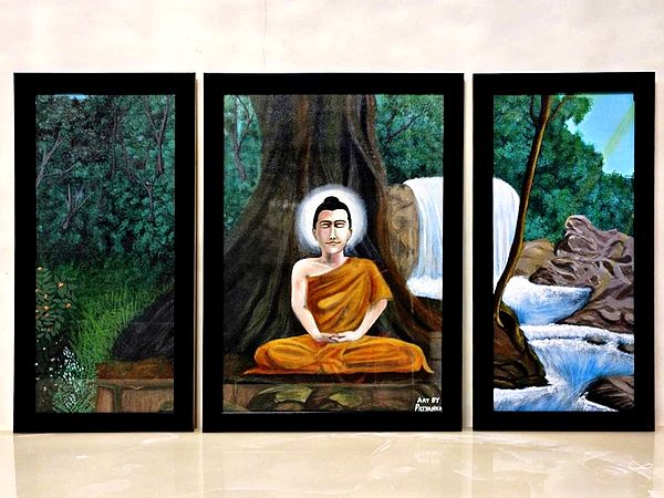 Buddha Meditating Under Tree (Set of 3) | Watercolour Painting