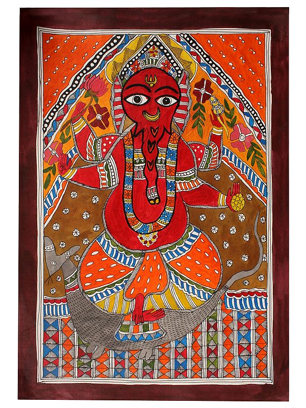 Dancing Lord Ganapati on Mushak | Madhubani Painting