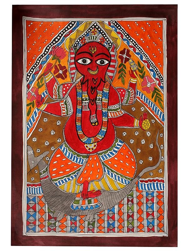 Dancing Lord Ganapati on Mushak | Madhubani Painting