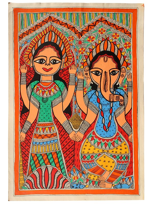 Standing Lakshmi - Ganesha | Madhubani Painting