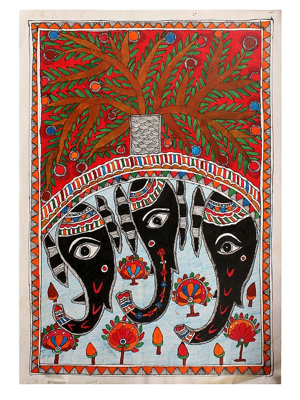 Three Black Elephants Face | Madhubani Painting