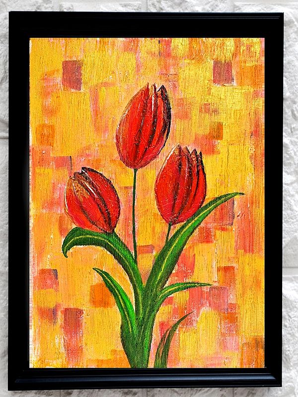 Red Tulip In Coral Background | Acrylic On Canvas