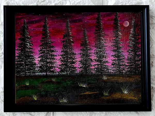 Pine Trees Night Landscape Painting | Acrylic On Canvas