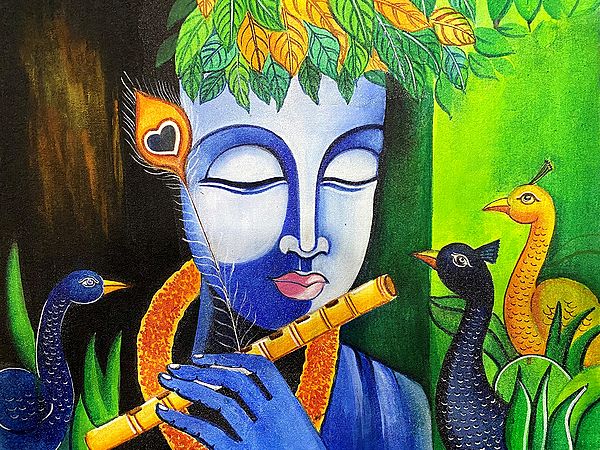 Krishna Playing Flute With Peacocks Painting By Yogyata Gadia