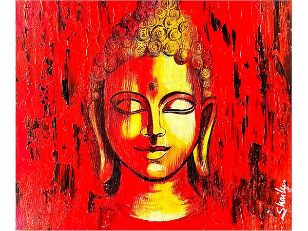 Meditating Buddha Head In Red Background | Acrylic On Canvas