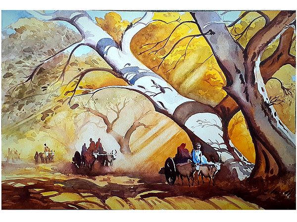 Bullock Carts in Forest | Watercolour on Paper