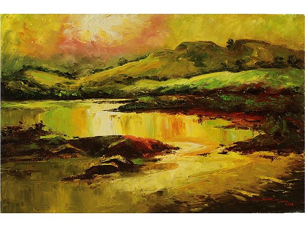 Lake Near Mountain Landscape | Oil On Canvas