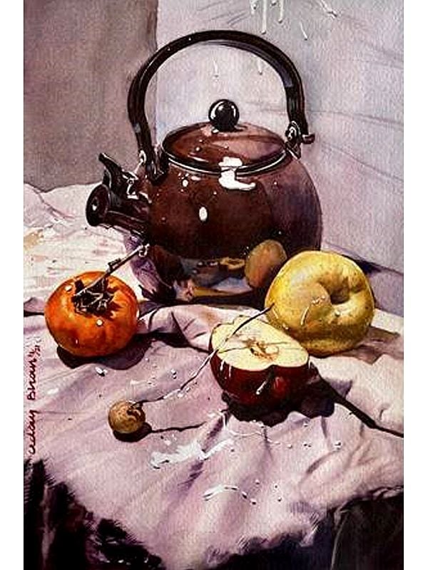 White Paint On Kettle and Fruits | Watercolour On Paper