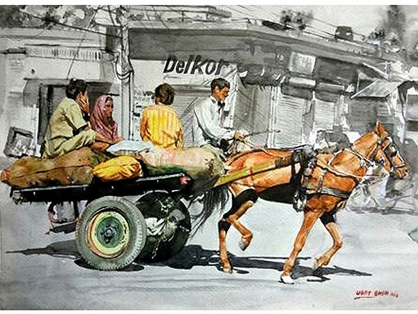 Horse Cart In Monochrome Background | Watercolour On Paper