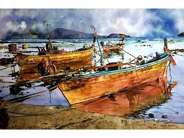 Wooden Boats on Sea Shore | Watercolour on Paper