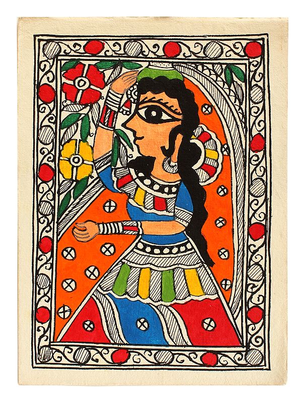 Painting of Indian Lady in Folk Dress in Madhubani Style | Natural Colors on Handmade Paper