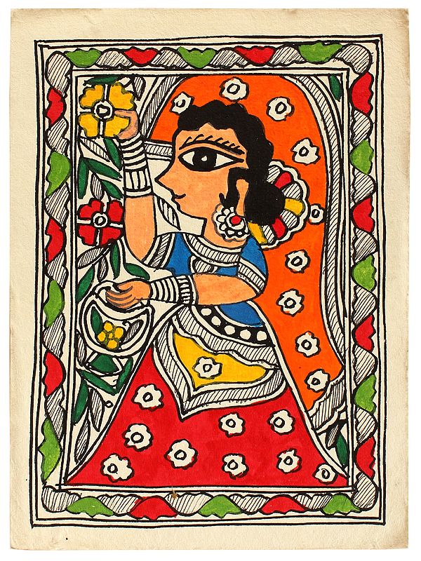 Indian Woman In Folk Dress | Madhubani Painting