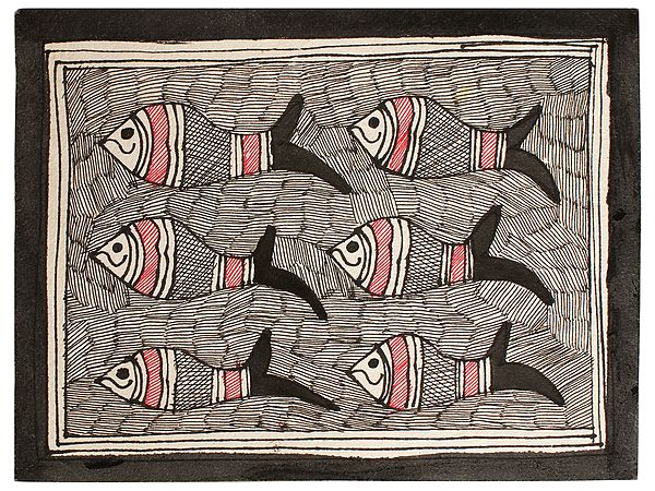 Fishes in Queue | Madhubani Painting on Handmade Paper