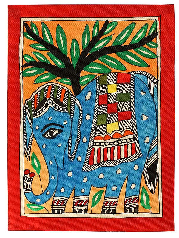 Blue Colour Walking Elephant Madhubani Painting