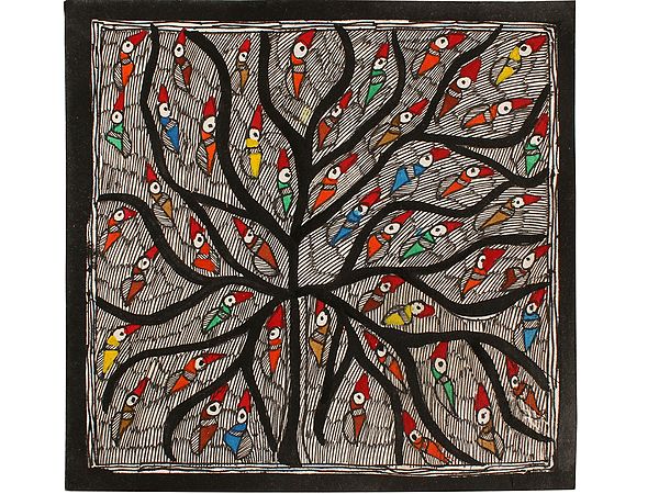 Multiple Colour Birds on Tree | Madhubani Painting on Handmade Paper