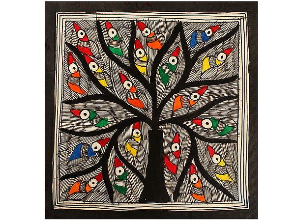 Black and White Tree Full Of Birds | Madhubani Painting | Handmade Paper