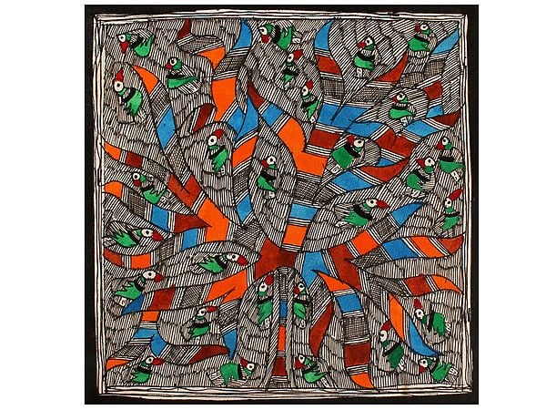 Parrots Sitting In Colorful Tree | Madhubani Painting | Handmade Paper