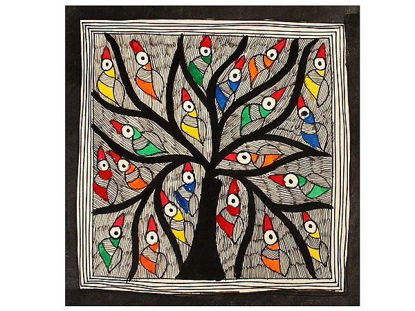 Colourful Birds Sitting In Tree of Life | Madhubani Painting | Handmade Paper
