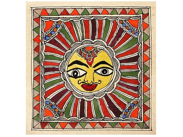 Sun In Multicolour Background | Madhubani Painting | Handmade Paper