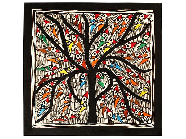 Tree Of Life Full Of Colourful Birds | Madhubani Painting | Handmade Paper