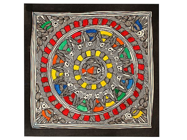 Various Creatures Around Fish | Madhubani Painting | Handmade Paper