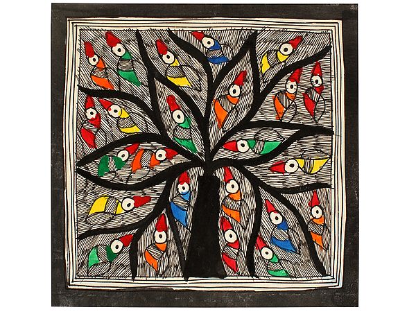 Designer Tree Branches Covered With Birds | Madhubani Painting | Handmade Paper