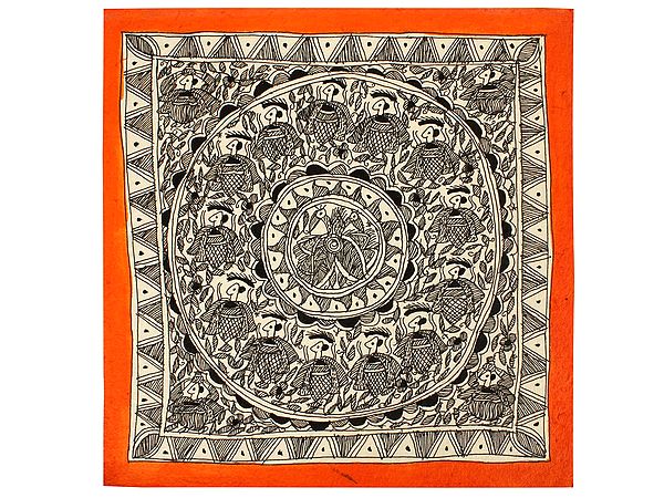 Beautiful Mandala with Various Creatures | Madhubani Painting on Handmade Paper