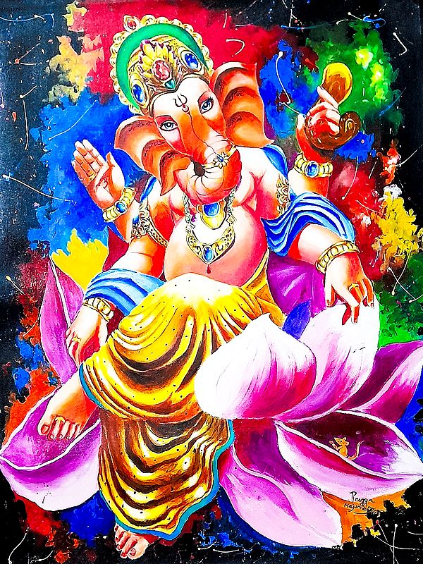 Colorful Lord Ganapati Seated on Lotus | Painting by Pragga Majumder