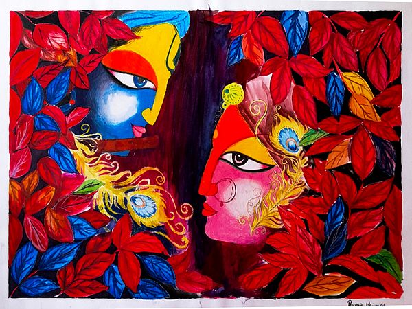 Radha Krishna - Jamini Roy Style | Painting by Pragga Majumder