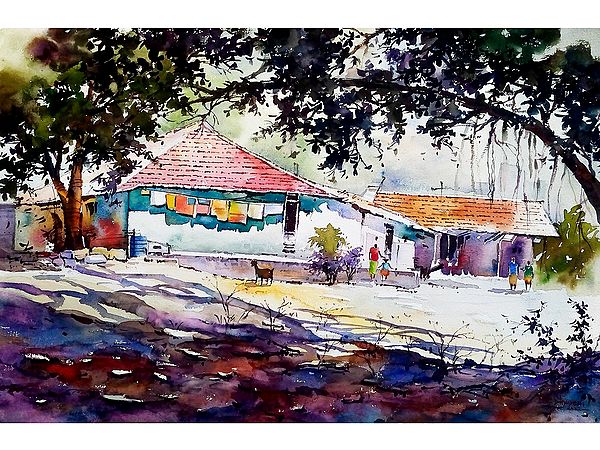 Colourful Village House Landscape | Watercolour On Paper